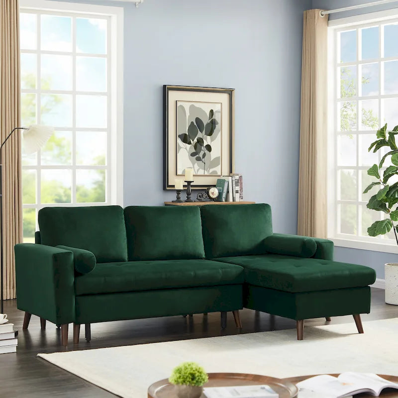 Canapé sectionnel convertible en velours en forme de L avec lit gigogne et méridienne de rangement, vert, 3 places