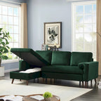 Canapé sectionnel convertible en velours en forme de L avec lit gigogne et méridienne de rangement, vert, 3 places
