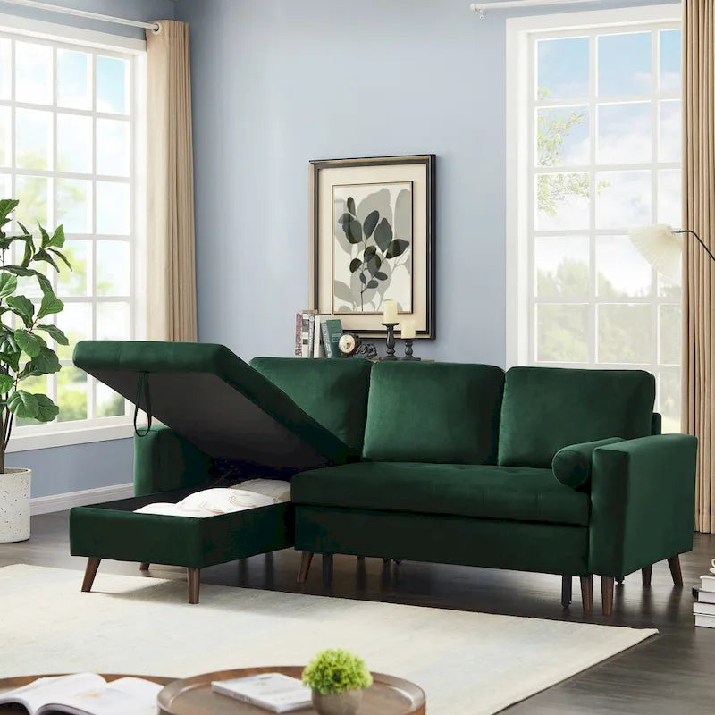Canapé sectionnel convertible en velours en forme de L avec lit gigogne et méridienne de rangement, vert, 3 places
