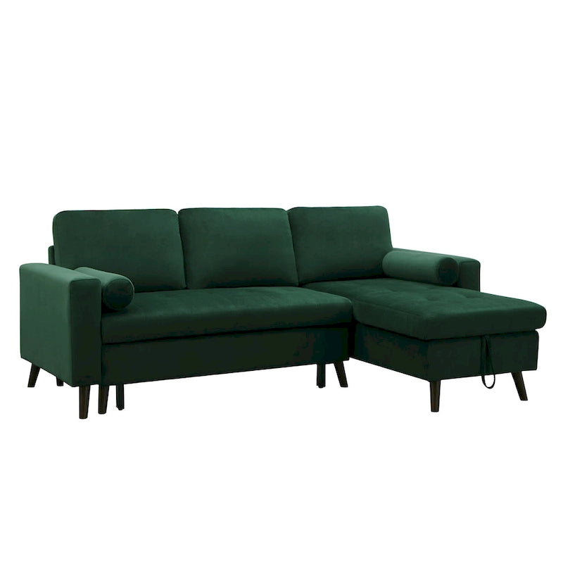 Canapé sectionnel convertible en velours en forme de L avec lit gigogne et méridienne de rangement, vert, 3 places