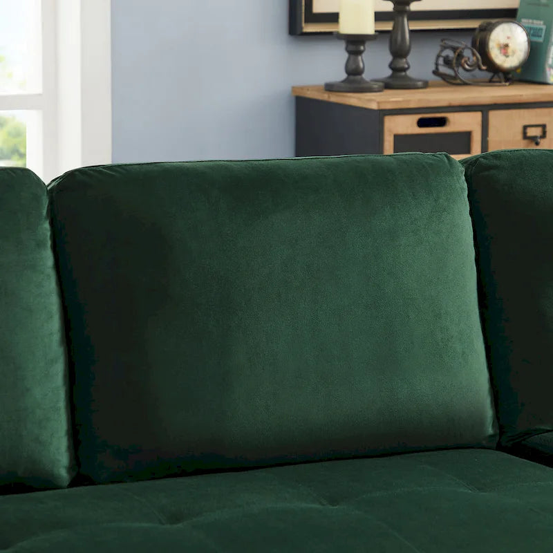 Canapé sectionnel convertible en velours en forme de L avec lit gigogne et méridienne de rangement, vert, 3 places
