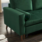 Canapé sectionnel convertible en velours en forme de L avec lit gigogne et méridienne de rangement, vert, 3 places
