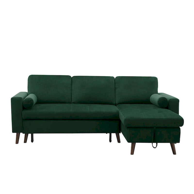 Canapé sectionnel convertible en velours en forme de L avec lit gigogne et méridienne de rangement, vert, 3 places