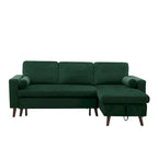 Canapé sectionnel convertible en velours en forme de L avec lit gigogne et méridienne de rangement, vert, 3 places