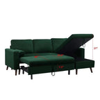 Canapé sectionnel convertible en velours en forme de L avec lit gigogne et méridienne de rangement, vert, 3 places