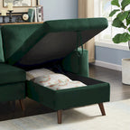 Canapé sectionnel convertible en velours en forme de L avec lit gigogne et méridienne de rangement, vert, 3 places