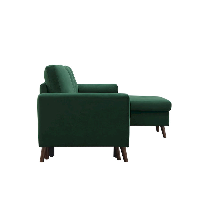 Canapé sectionnel convertible en velours en forme de L avec lit gigogne et méridienne de rangement, vert, 3 places
