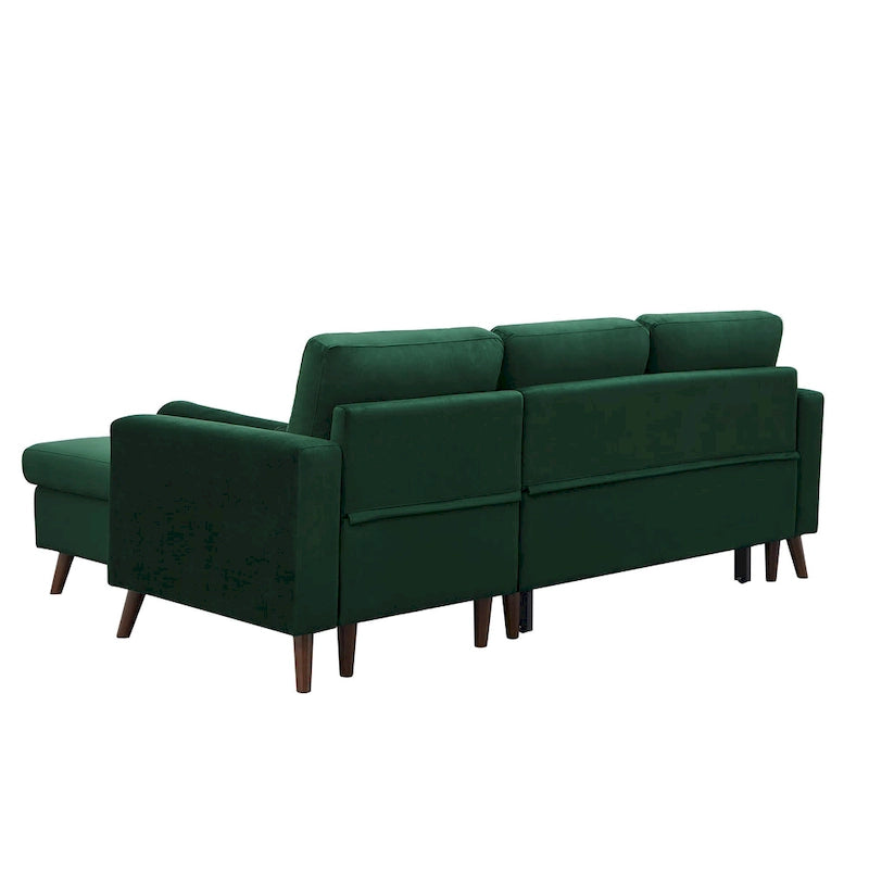 Canapé sectionnel convertible en velours en forme de L avec lit gigogne et méridienne de rangement, vert, 3 places