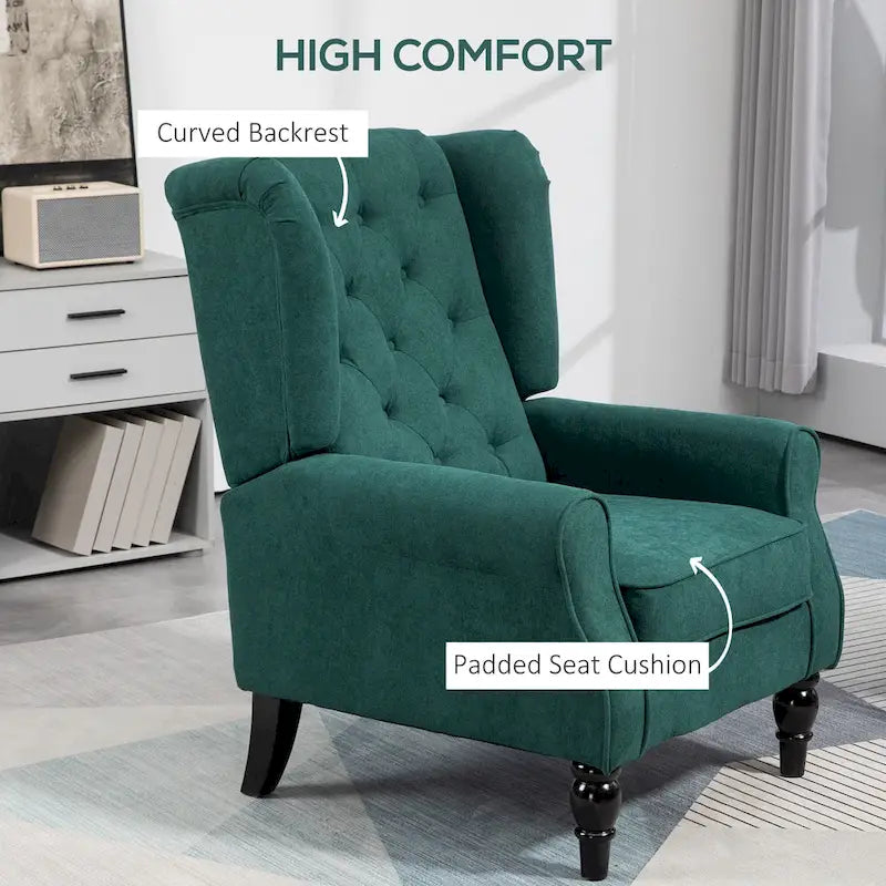 Fauteuil d'appoint haut capitonné avec pieds en bois, vert foncé