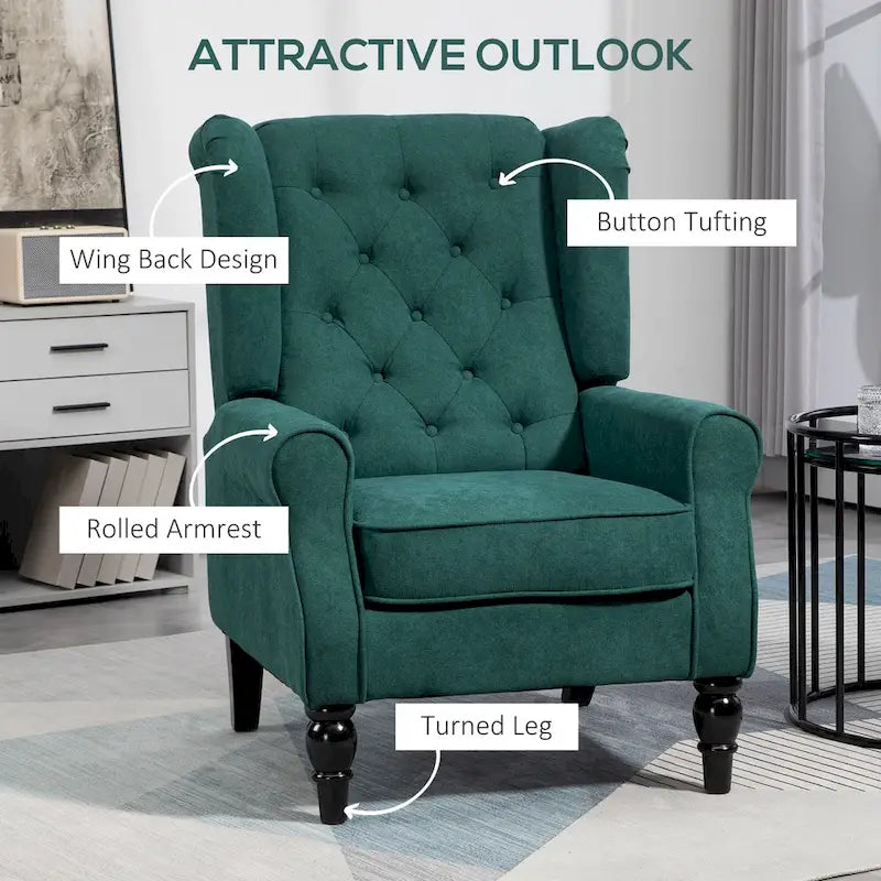 Fauteuil d'appoint haut capitonné avec pieds en bois, vert foncé