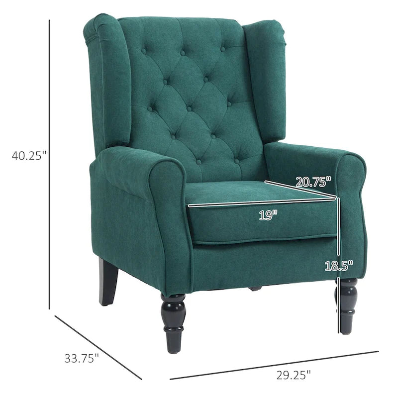 Fauteuil d'appoint haut capitonné avec pieds en bois, vert foncé