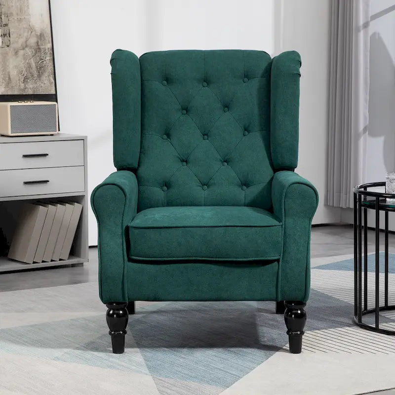 Fauteuil d'appoint haut capitonné avec pieds en bois, vert foncé