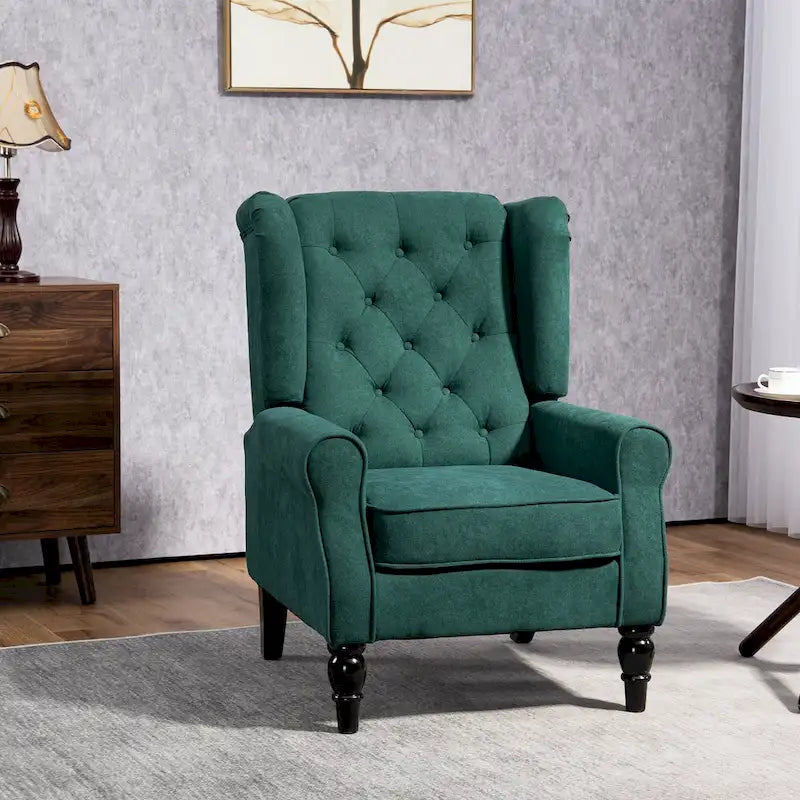 Fauteuil d'appoint haut capitonné avec pieds en bois, vert foncé