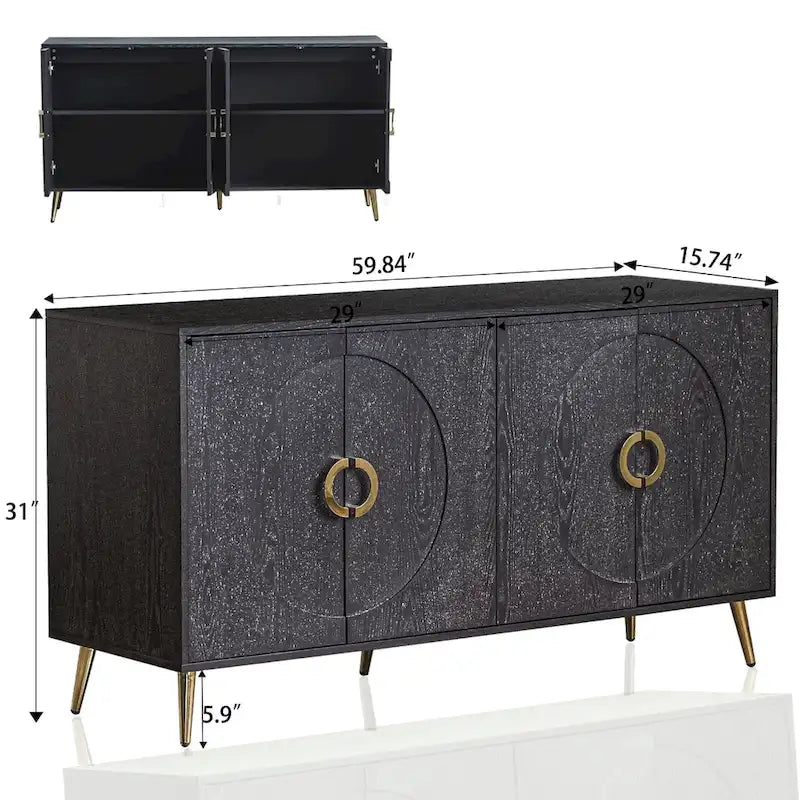 Bahut buffet moderne à 4 portes avec pieds en métal, couleur champagne