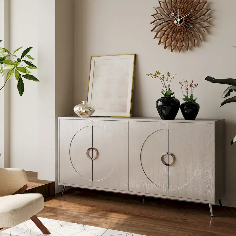 Bahut buffet moderne à 4 portes avec pieds en métal, couleur champagne