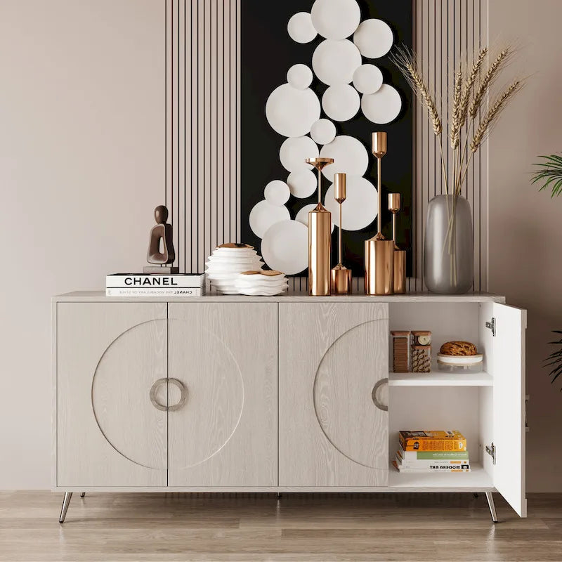 Bahut buffet moderne à 4 portes avec pieds en métal, couleur champagne