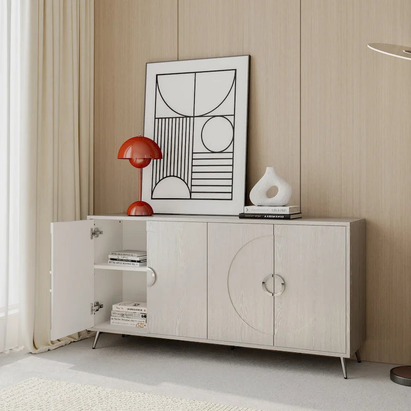 Bahut buffet moderne à 4 portes avec pieds en métal, couleur champagne