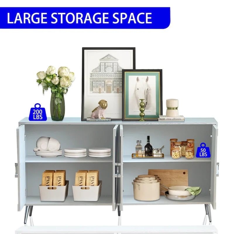 Bahut buffet moderne à 4 portes avec pieds en métal, couleur champagne