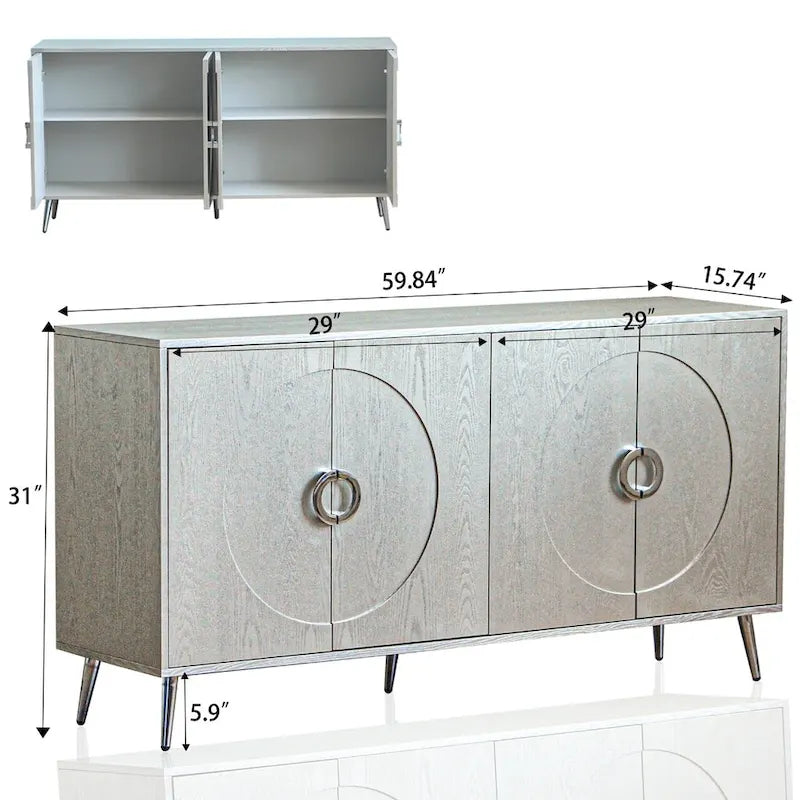 Bahut buffet moderne à 4 portes avec pieds en métal, couleur champagne
