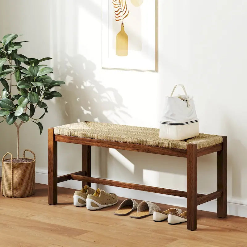 Banc en bois d'hévéa de 101,6 cm avec assise en jonc de mer tressé, noyer / naturel