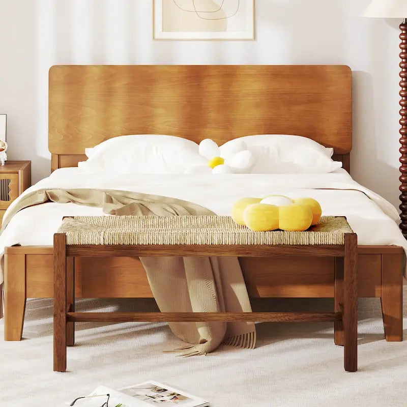 Banc en bois d'hévéa de 101,6 cm avec assise en jonc de mer tressé, noyer / naturel