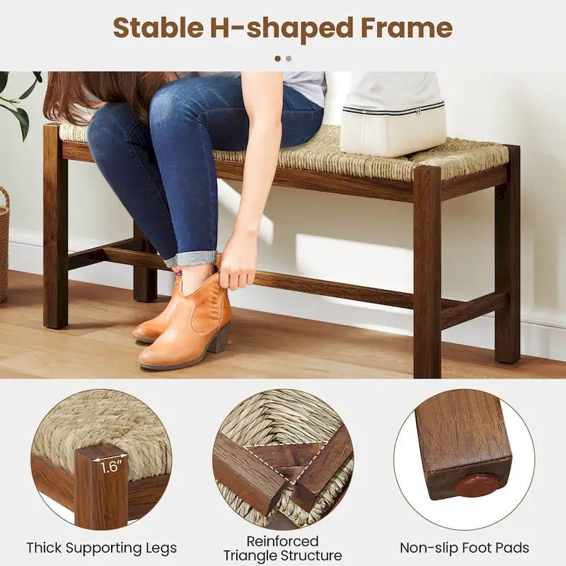 Banc en bois d'hévéa de 101,6 cm avec assise en jonc de mer tressé, noyer / naturel