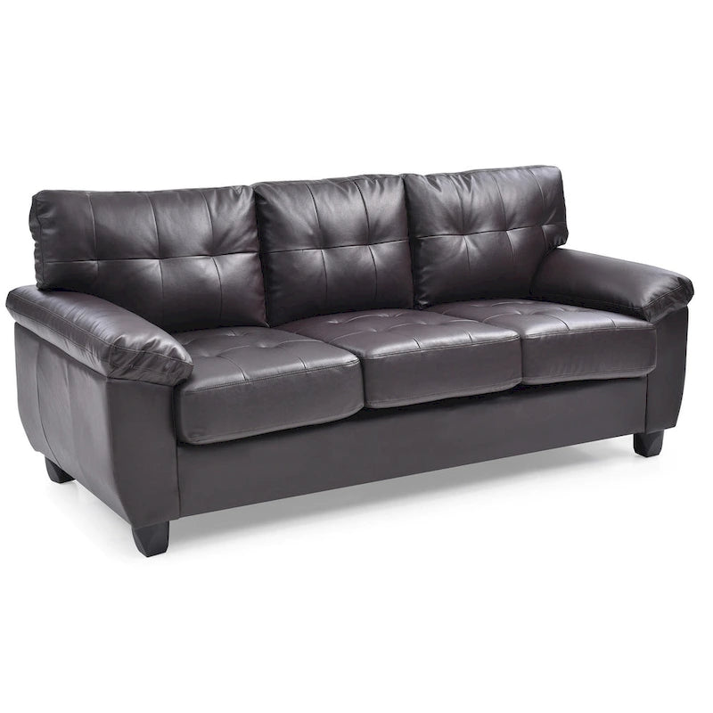 Canapé droit touffeté en similicuir marron avec accoudoirs évasés, 3 places