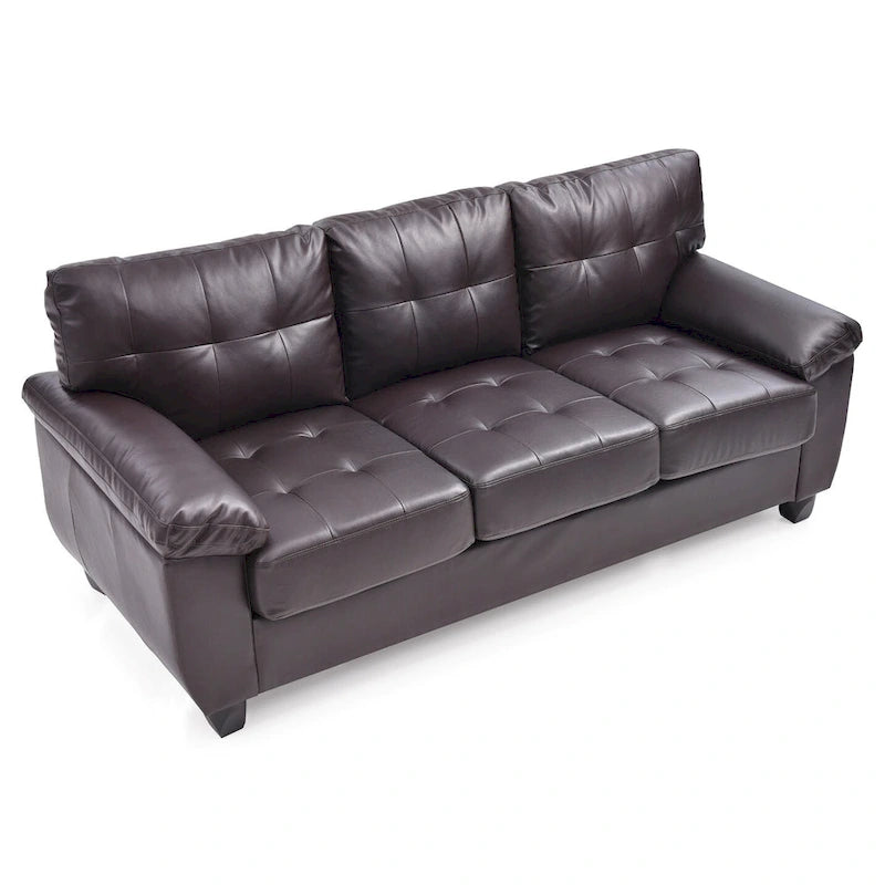 Canapé droit touffeté en similicuir marron avec accoudoirs évasés, 3 places