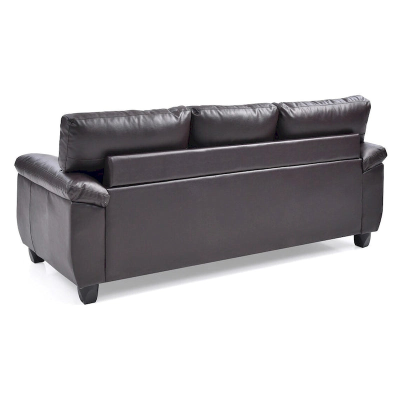 Canapé droit touffeté en similicuir marron avec accoudoirs évasés, 3 places