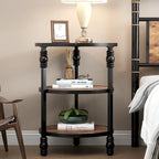 Table d'appoint ronde à 3 niveaux avec pieds colonnes et étagères de rangement, marron / chêne foncé