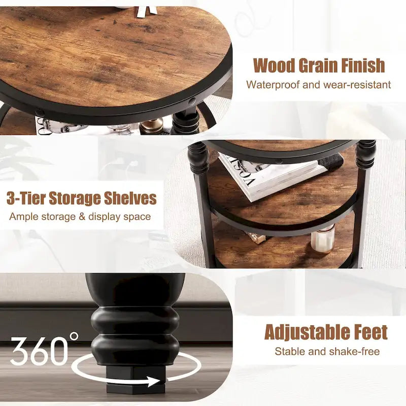 Table d'appoint ronde à 3 niveaux avec pieds colonnes et étagères de rangement, marron / chêne foncé