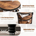 Table d'appoint ronde à 3 niveaux avec pieds colonnes et étagères de rangement, marron / chêne foncé