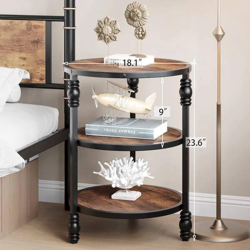 Table d'appoint ronde à 3 niveaux avec pieds colonnes et étagères de rangement, marron / chêne foncé