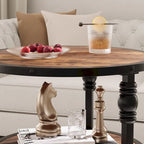 Table d'appoint ronde à 3 niveaux avec pieds colonnes et étagères de rangement, marron / chêne foncé