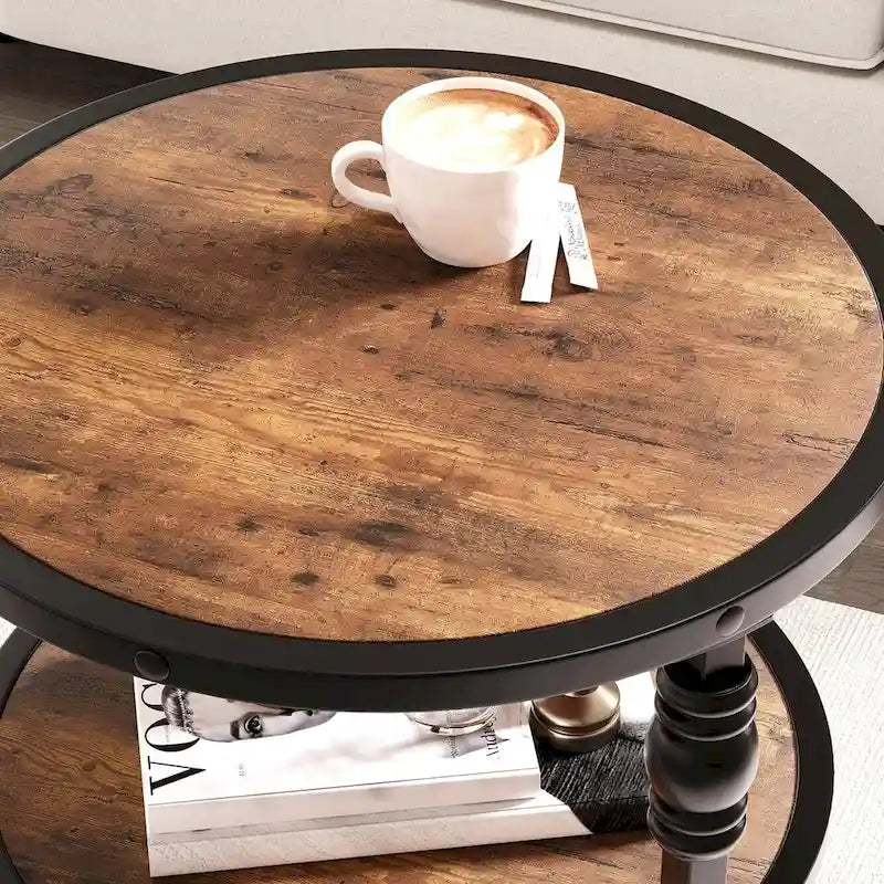Table d'appoint ronde à 3 niveaux avec pieds colonnes et étagères de rangement, marron / chêne foncé