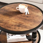 Table d'appoint ronde à 3 niveaux avec pieds colonnes et étagères de rangement, marron / chêne foncé