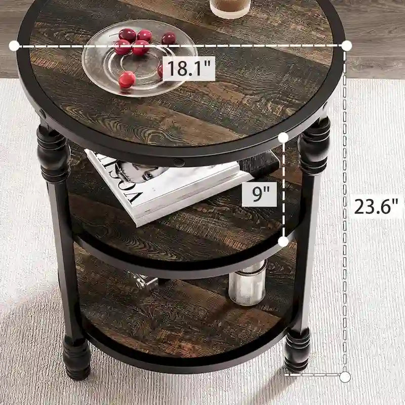 Table d'appoint ronde à 3 niveaux avec pieds colonnes et étagères de rangement, marron / chêne foncé