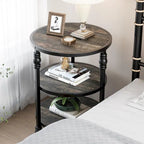 Table d'appoint ronde à 3 niveaux avec pieds colonnes et étagères de rangement, marron / chêne foncé