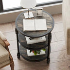 Table d'appoint ronde à 3 niveaux avec pieds colonnes et étagères de rangement, marron / chêne foncé