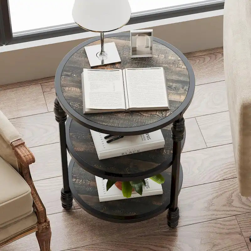 Table d'appoint ronde à 3 niveaux avec pieds colonnes et étagères de rangement, marron / chêne foncé
