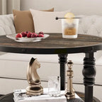 Table d'appoint ronde à 3 niveaux avec pieds colonnes et étagères de rangement, marron / chêne foncé