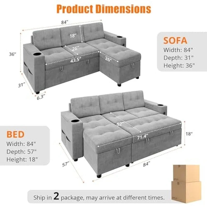 Canapé-lit d'angle en L avec chargement USB et accoudoirs de rangement, gris, 3 places et plus
