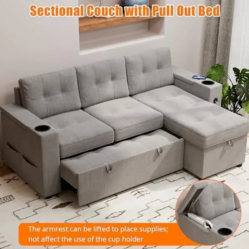 Canapé-lit d'angle en L avec chargement USB et accoudoirs de rangement, gris, 3 places et plus