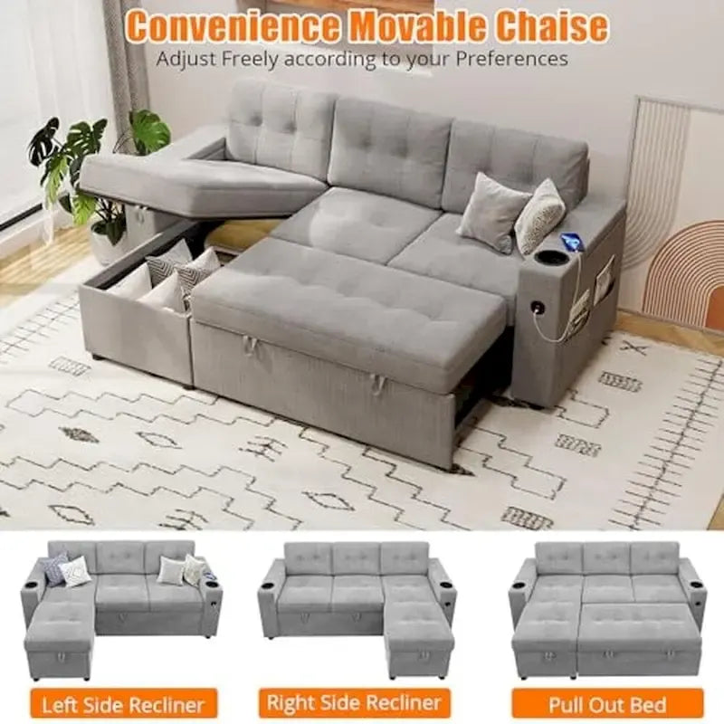 Canapé-lit d'angle en L avec chargement USB et accoudoirs de rangement, gris, 3 places et plus