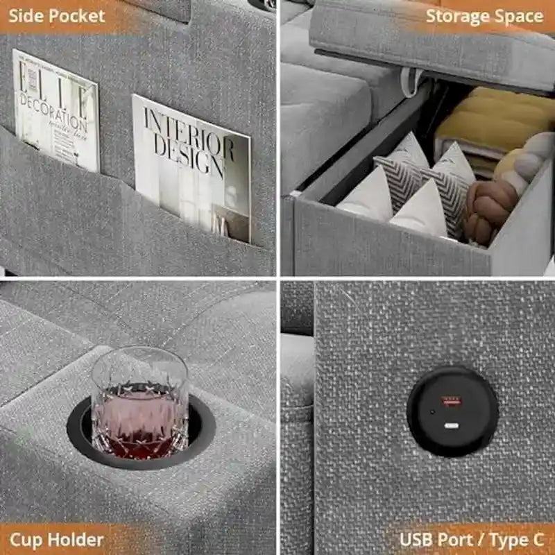 Canapé-lit d'angle en L avec chargement USB et accoudoirs de rangement, gris, 3 places et plus