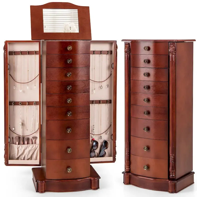 Meuble à bijoux avec couvercle miroir, 8 tiroirs et crochets latéraux, Marron