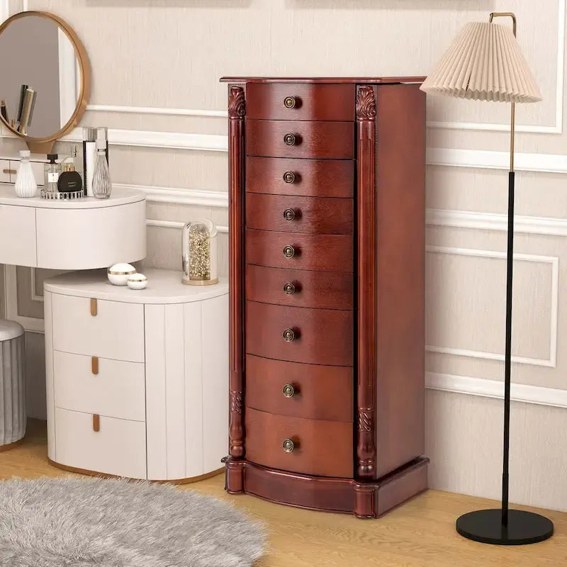 Meuble à bijoux avec couvercle miroir, 8 tiroirs et crochets latéraux, Marron