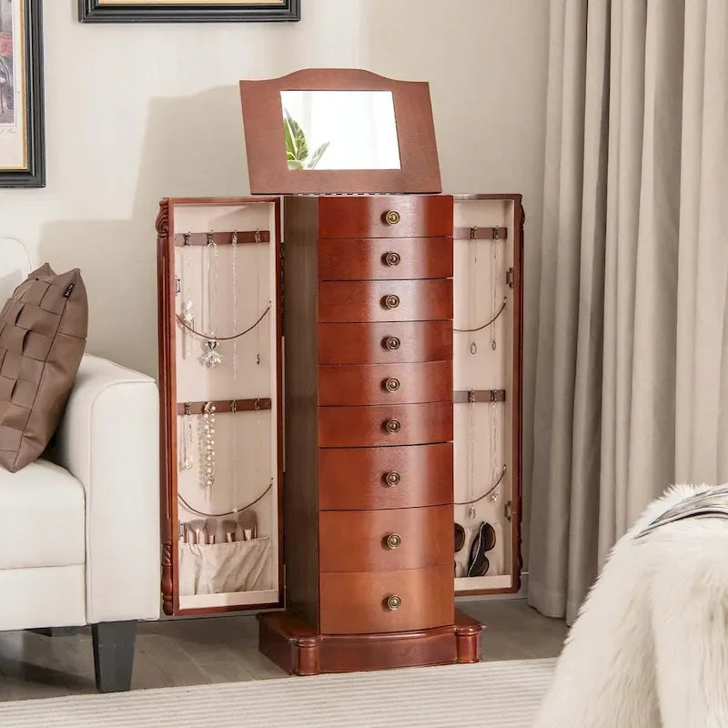 Meuble à bijoux avec couvercle miroir, 8 tiroirs et crochets latéraux, Marron