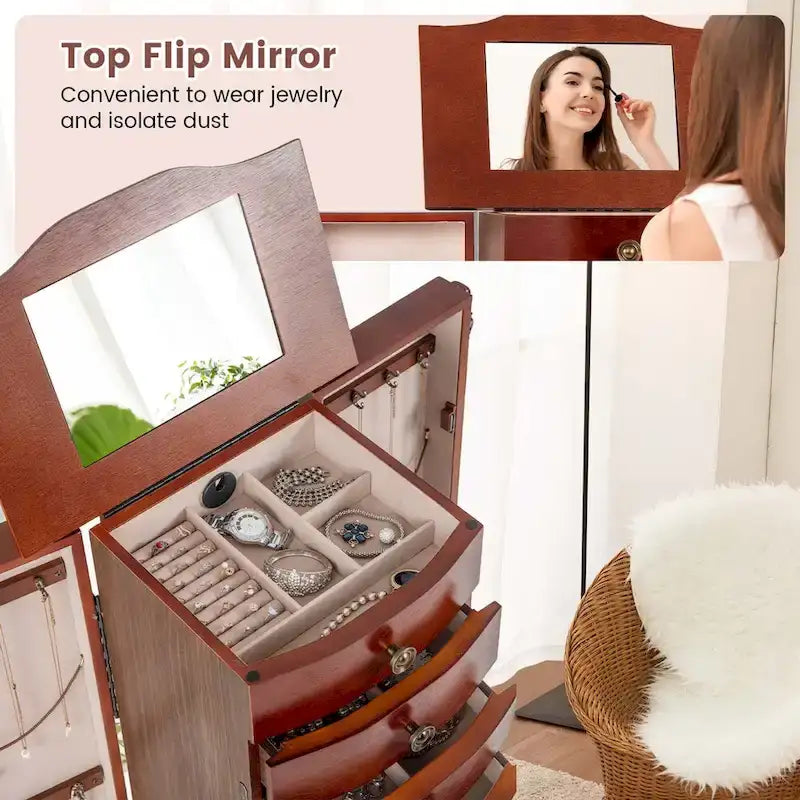 Meuble à bijoux avec couvercle miroir, 8 tiroirs et crochets latéraux, Marron