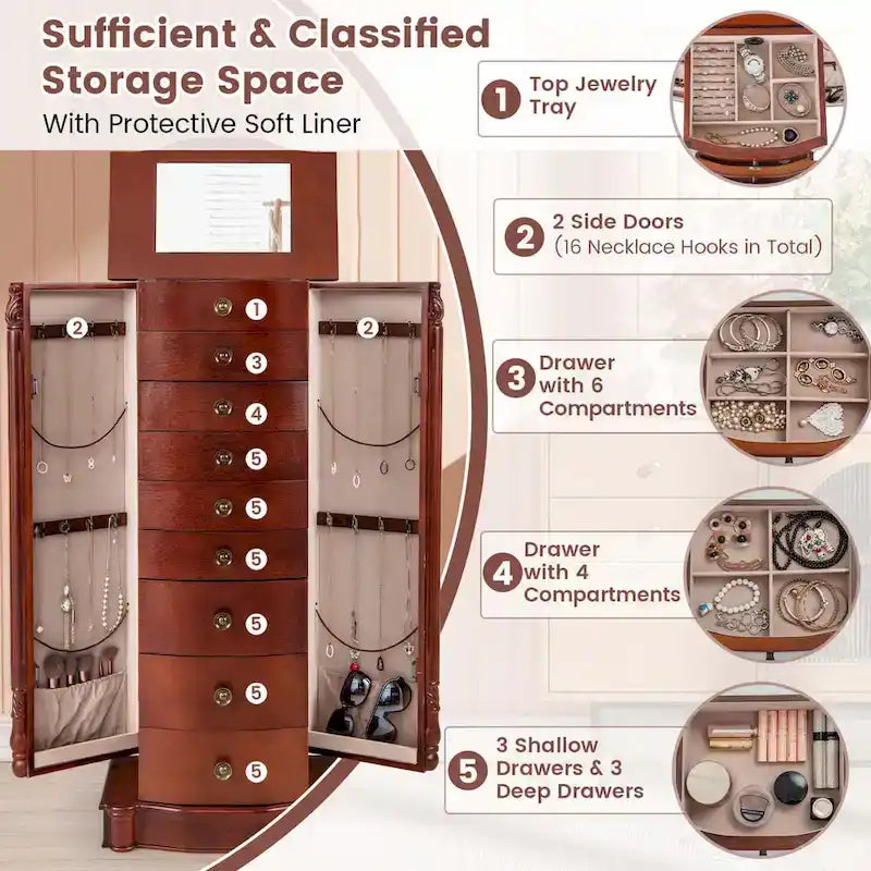 Meuble à bijoux avec couvercle miroir, 8 tiroirs et crochets latéraux, Marron